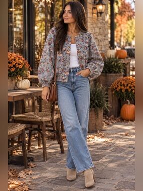 NWOT Floral Denim Jacket — Size Small